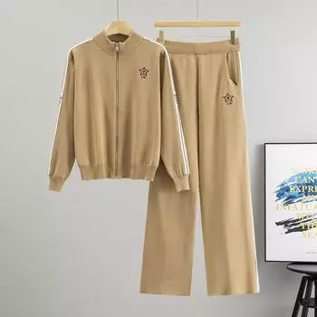 Новый осенний повседневный комплект, состоящий из топа на молнии с буквенным принтом и завязкой и вязаного костюма-двойки с длинными рукавами. one size хаки