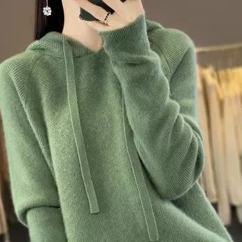 Новый осенний стиль шерстяной свитер с капюшоном обычный свитер женский кардиган M