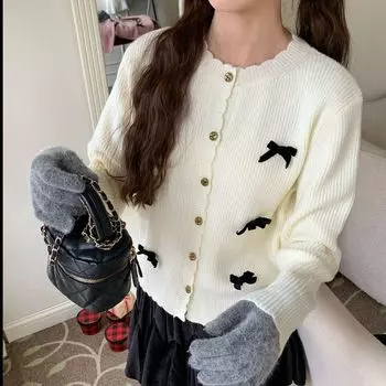 Новый осенний стиль, вязаный бантом свитер с кружевным узором, короткий и нежный свитер, кардиган для женщин one size белый