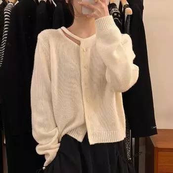 Новый осенний свободный свитер с круглым вырезом, кардиган для женщин, модный тонкий однобортный зимний вязаный свитер для женщин, однотонные тонкие повседневные кардиганы 25539 One Size