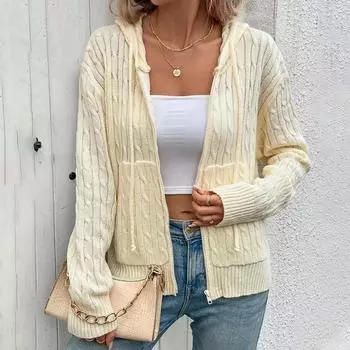 Новый осенний тонкий свободный трикотаж с длинным рукавом женский кардиган с капюшоном однотонный повседневный вязаный свитер женская модная куртка-кардиган на молнии 24749 S абрикосовый