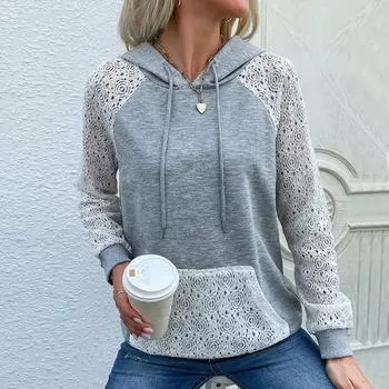 Новый осенний женский пуловер с капюшоном, кружевной полый свитшот с капюшоном S светло-серый