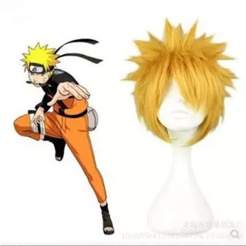 Новый парик для косплея аниме Акацуки Узумаки, короткий, золотистый, пушистый, лохматый, многослойный, термостойкий, синтетический парик + шапочка для парика + повязка на голову One Size