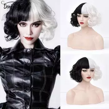 Новый парик для косплея CRUELLA De Vil, полубелый, наполовину черный, синтетические короткие волнистые парики с челкой для женщин, термостойкие натуральные волосы dm-175