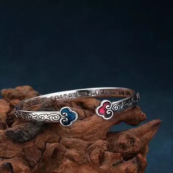 Новый персонализированный выжженный синий ретро эмалированный серебряный браслет женский перегородчатый браслет Ruyi с открытым сердцем Сутра браслет подарок на день рождения Adjustable size