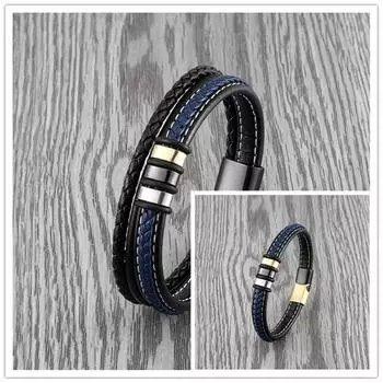 Новый плетеный веревочный черный синий кожаный браслет для мужчин и женщин пар простой браслет из нержавеющей стали с подвесками в стиле ретро 17cm синий