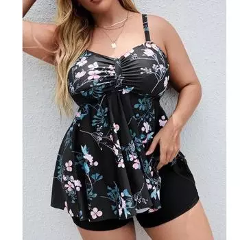 Новый плюс размер XL-8XL, женский танкини с цветочным принтом, купальник с контролем живота, купальник в стиле ретро с принтом, купальный костюм из двух предметов XL чёрный