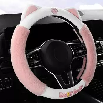 Новый плюшевый чехол на руль, универсальный автомобильный чехол на руль 38 см, меховой пушистый чехол на руль автомобиля с мультяшными кошачьими ушками для женщины в подарок розовый