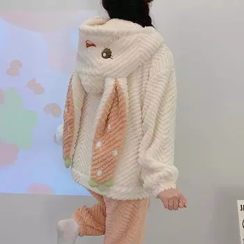 Новый плюшевый комплект для женщин, утепленная одежда с капюшоном и длинными рукавами для женщин, комплект из 2 предметов, симпатичная женская одежда с принтом клубники M