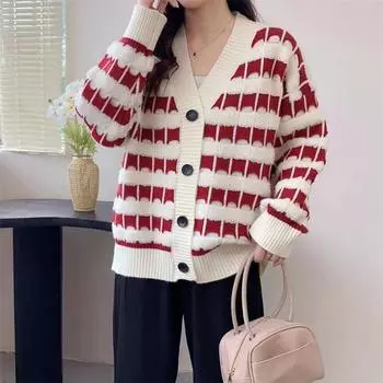 новый полосатый дизайн чувство свободного ленивого ветра свитер куртка женская осенне-зимняя одежда универсальный вязаный свитер кардиган One size