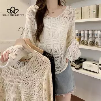 Новый полый пуловер с v-образным вырезом и защитой от солнца, блузка, свободный тонкий вязаный топ с длинными рукавами, женская модная повседневная рубашка one size чёрный