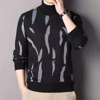 Новый популярный осенне-зимний нерегулярный жаккардовый узор свитер повседневный водолазка вязаный контрастного цвета вязаный мужской пуловер 4XL чёрный