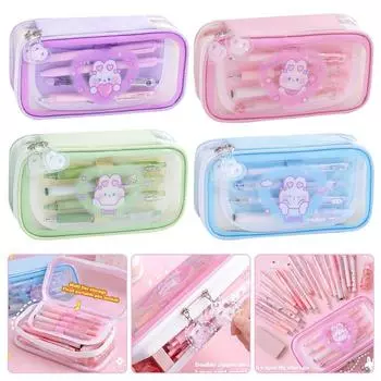 Новый портативный цветной прозрачный пенал с окном, канцелярская коробка, большая вместимость, сумка для карандашей с изображением кролика из мультфильма