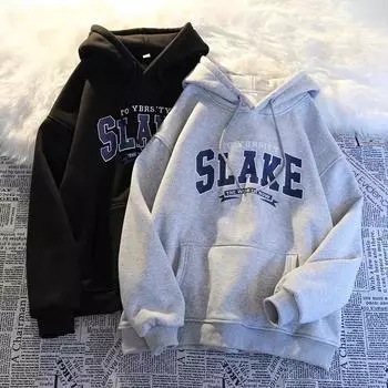 Новый повседневный худи для пары с принтом букв из флиса на осень и зиму, простой оригинальный стиль в корейском стиле S чёрный