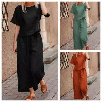 Новый повседневный комплект из двух предметов: свободная однотонная рубашка и брюки из хлопка и льна S