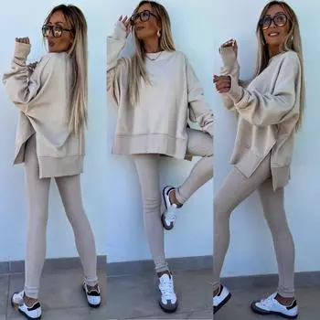 Новый повседневный костюм с длинным рукавом и круглым вырезом, кардиган с капюшоном, женские повседневные узкие брюки, свободная толстовка с капюшоном, женский костюм из двух частей S чёрный