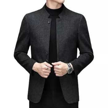 Новый повседневный костюм с воротником-стойкой для мужчин молодого и среднего возраста, корейская версия, облегающий эластичный костюм M чёрный