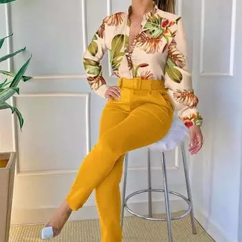 Новый повседневный костюм, женские элегантные комплекты из двух предметов, женские наряды, винтажные офисные женские туфли в стиле барокко с принтом на пуговицах, комплект рабочих брюк с поясом S