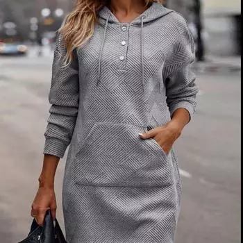 Новый повседневный модный женский клетчатый свитер средней и длинной длины с капюшоном S