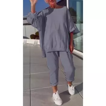 Новый повседневный однотонный топ с круглым вырезом и длинными рукавами, спортивный и универсальный комплект брюк для женщин S