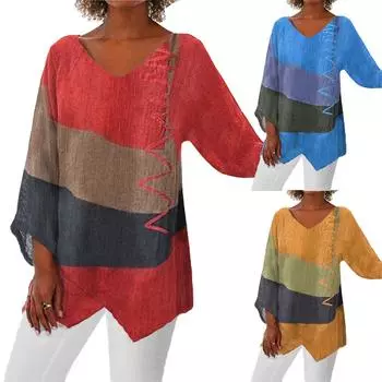 Новый повседневный свободный топ с V-образным вырезом, неровным подолом и длинными рукавами в стиле ретро для женщин S красный