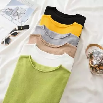 Новый повседневный вязаный свитер с круглым вырезом и длинными рукавами для женщин, корейская мода, рубашка с длинными рукавами, внутренняя осенняя облегающая повседневная базовая одежда 2171 One Size чёрный