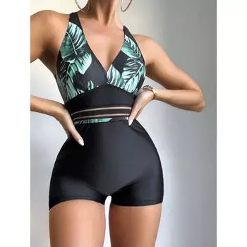 Новый повседневный женский летний цельный купальник черного цвета с принтом листьев S чёрный