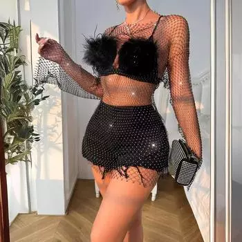 Новый праздник пляж чистое желание сексуальная девушка специй полая рыболовная сеть вспышка алмаз пушистое платье секс одежда XS