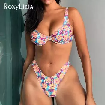 Новый принтованный бразильский бикини на косточках со средней талией, женский купальник, женский купальник, комплект бикини из двух частей, купальный костюм S