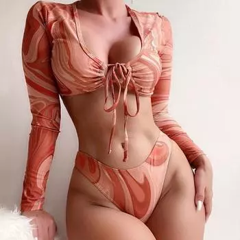 Новый принтованный длинный рукав солнцезащитный раздельный купальник женский в европейском и американском стиле со шнуровкой и высокой талией купальник бикини S светло-зеленый