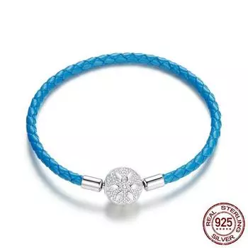 Новый продукт S925 Серебристый Синий Кожаный Веревка Базовый Одиночный Цепной Плетеный Браслет Из Искусственной Кожи Ювелирные Изделия 17CM