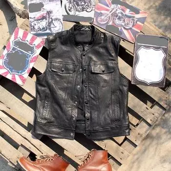 Новый продукт: Жилет из натуральной кожи, овчина растительного дубления, однотонный воротник-стойка, повседневный, облегающий, ретро, Harley, мотоциклетная куртка-седло L чёрный