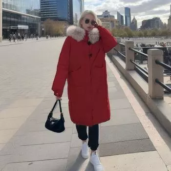 Новый продукт зимняя версия свободная мода большой меховой воротник длинный колено хлопчатобумажная подкладка одежда женская утолщенная пуховая хлопчатобумажная подкладка одежда S белый