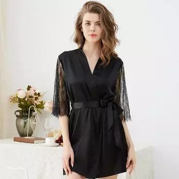 Новый простой искусственный шелковый свободный халат домашняя одежда тонкий черный кружевной сексуальный пижама ночная рубашка глубокий V-образный вырез короткий стиль S чёрный