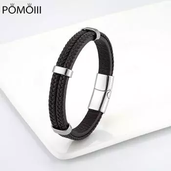 Новый простой модный мужской браслет в стиле панк с 3 кольцами из нержавеющей стали, классический браслет из 3 слоев кожи 21cm серебряный