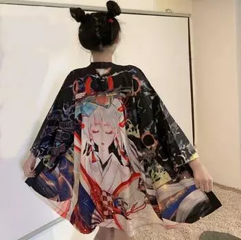 Новый японский кимоно Harajuku с цифровой печатью, пончо, пижамный кардиган XXS чёрный