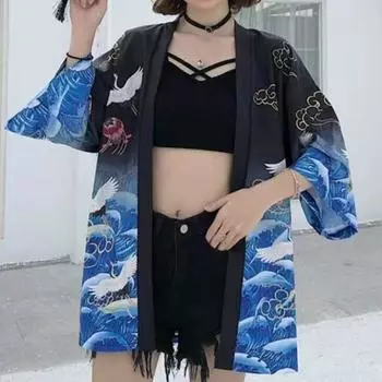Новый японский кимоно Harajuku с цифровой печатью, пончо, пижамный кардиган XXS чёрный