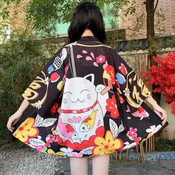 Новый японский кимоно Harajuku с цифровой печатью, пончо, пижамный кардиган XXS чёрный