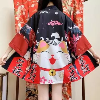 Новый японский кимоно Harajuku с цифровой печатью, пончо, пижамный кардиган XXS чёрный