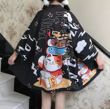 Новый японский кимоно Harajuku с цифровой печатью, пончо, пижамный кардиган XXS чёрный