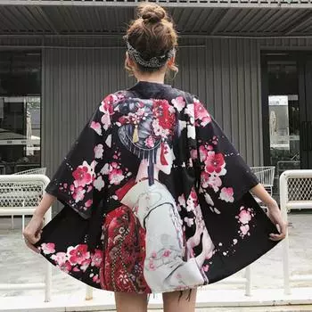 Новый японский кимоно Harajuku с цифровой печатью, пончо, пижамный кардиган XXS чёрный