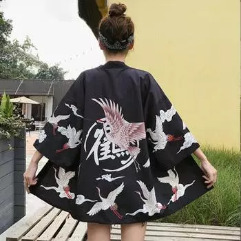 Новый японский кимоно Harajuku с цифровой печатью, пончо, пижамный кардиган XXS чёрный