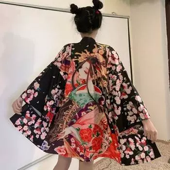 Новый японский кимоно Harajuku с цифровой печатью, пончо, пижамный кардиган XXS чёрный