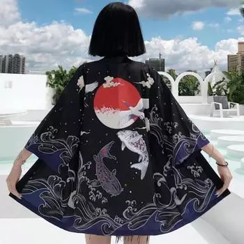 Новый японский кимоно Harajuku с цифровой печатью, пончо, пижамный кардиган XXS чёрный