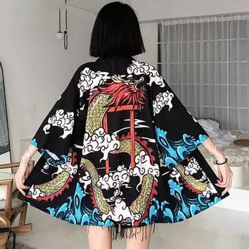 Новый японский кимоно Harajuku с цифровой печатью, пончо, пижамный кардиган XXS чёрный