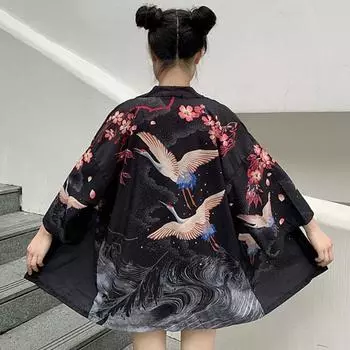 Новый японский кимоно Harajuku с цифровой печатью, пончо, пижамный кардиган XXS чёрный