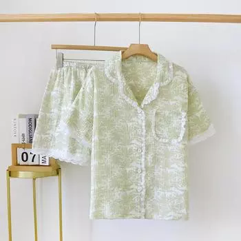 Новый японский женский пижамный комплект из 100% хлопкового крепа с короткими рукавами, шорты из двух частей, женский кардиган, домашняя одежда для сна M зелёный