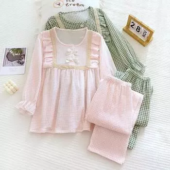 Новый японский женский пижамный костюм на весну и лето из чистого хлопка, свежие клетчатые повседневные брюки с длинными рукавами, комплект из двух предметов M зелёный