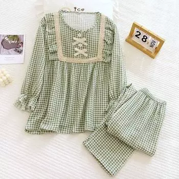 Новый японский женский пижамный костюм на весну и лето 2025 года, повседневные брюки из чистого хлопка в свежую клетку с длинными рукавами, комплект из двух предметов M зелёный