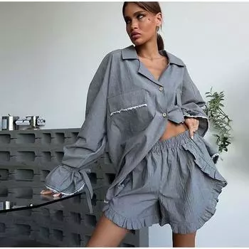 Новый ранний весенний комплект домашней одежды высокого класса, однотонный костюм для женщин, костюмы с рубашкой и шортами, повседневный модный комплект из двух предметов S белый